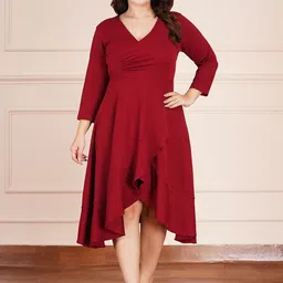 AMEEZA Women Plus Size Solid V Neck Ruffles Wrap Midi Dress-image-33
