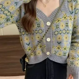 KPOP Women Floral Acrylic Crop Open Front Jacket-picture-25