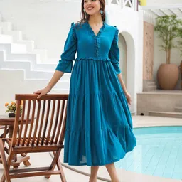 Rain & Rainbow Tiered Pure Cotton Fit & Flare Midi Dress-picture-15