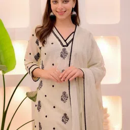 Vastukala Embroidered V-Neck Thread Work Straight Kurta With Trousers & Dupatta image 4