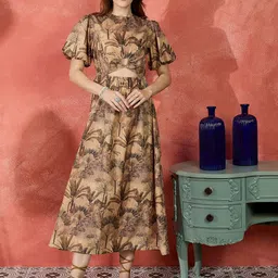 IVY BY KIBO Tropical Printed Puff Sleeves Cotton Fit & Flare Cut-Outs Detail Midi Dress-picture-38
