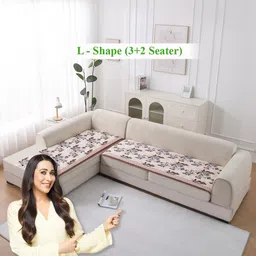 HOKIPO LiefNest Beige 2Pc Printed Velvet L Shape 5 Seater Sofa Cover Mat with Foam Filling-image-15