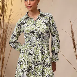 STREET 9 Women Printed Shirt Collar Puff Sleeves Crepe Fit & Flare Mini Dress-image-20