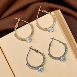 FEMMIBELLA Set Of 2 Silver Plated CZ Studded Circular Shaped Hoop Earrings-picture-23