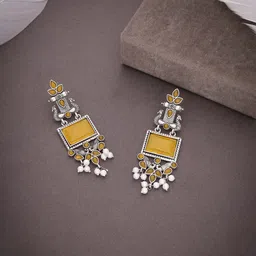 Anouk Silver-Plated artificial stones studded and beaded Oxidised Square Drop Earrings image 5