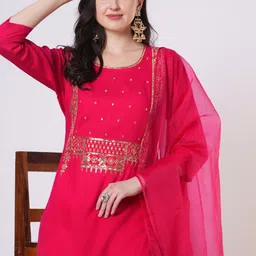 GoSriKi Ethnic Motifs Embroidered Straight Sequinned Kurta With Palazzos And Dupatta image 3