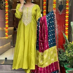S.K.C Women Ethnic Motifs Embroidered Regular Thread Work Chanderi Silk Kurta with Trousers & With Dupatta-picture-41