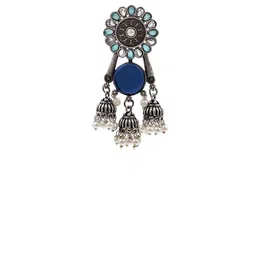 NAMAN ARTS Silver-Plated Artificial Stones Studded & Beaded Oxidised Dome Shaped Jhumkas image 2