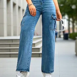 Glossia Women Comfort Wide Leg High-Rise Light Fade Stretchable Cargo Jeans-image-16