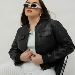 MAYKR Women Stand Collar Solid Water Resistant Leather Jacket-picture-11