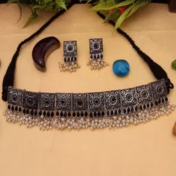 SZN Artificial Stones Studded & Beaded Oxidized Jewellery Set image 1
