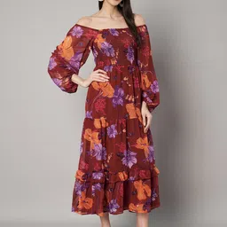 Amagyaa Floral Print Off-Shoulder Bishop Sleeve Georgette A-Line Maxi Dress image 4