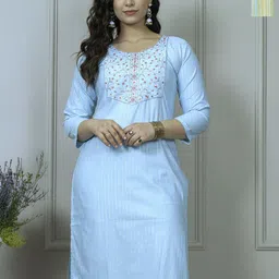 AUZAAI COLLECTION Selection Of 2 Striped Thread Work Round Neck Straight Kurtas-image-45
