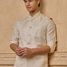 Tasva Woven Design Brocade Bundi Nehru Jacket image 5