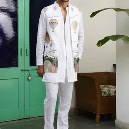 KALPRAAG Embroidered Regular Thread Work Linen Kurta with Trousers image 5
