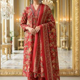 SZN Floral Printed V-Neck Kurta With Palazzos & Dupatta-image-61