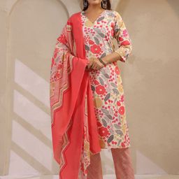 Anouk Rustic Floral Printed V-Neck Pure Cotton Straight Kurta With Trousers & Dupatta-picture-44