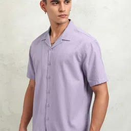 HIGHLANDER Men Cuban Collar Textured Solid Cotton Relaxed Fit Casual Shirt image 5