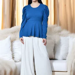 SFOTY Embellished Puff Sleeve Round Neck Peplum Top image 5