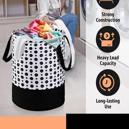 Kuber Industries Black & White 2 Pieces Polka Dots Printed Foldable Laundry Bags 45L Each image 5