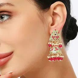 Anouk Gold-Plated Pearls Beaded Minakari Dome Shaped Jhumkas image 4