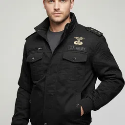 L'monte Men Solid Shoulder Tabs Spread Collar Cotton Bomber Jacket image 4