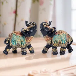 Golden Peacock Black & Gold-Toned 2 Pieces Birds And Animals Elephant Showpieces-image-13