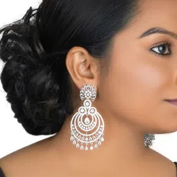 Gemron Jewel Rhodium-Plated Cubic Zirconia Studded Circular Shaped Drop Earrings image 5