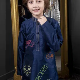 HOITY MOPPET Boys Printed Mandarin Collar Cotton Silk Kurta With Churidar image 3