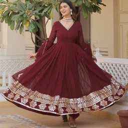 GLOSIA DESIGN Floral Embroidered Thread Work Georgette Ethnic Dress With Dupatta-picture-38