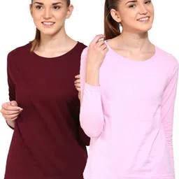 ap'pulse Pack of 2 Women Solid Round Neck Pure Cotton Brown, Pink T-Shirt-picture-27