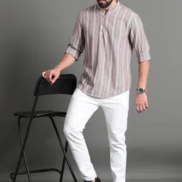 HERE&NOW Striped Mandarin Collar Long Sleeves Cotton A-Line Kurta image 5