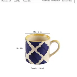 VarEesha White And Blue Set Of 6 Hand painted Ceramic Glossy Mugs 150 ml Each image 2