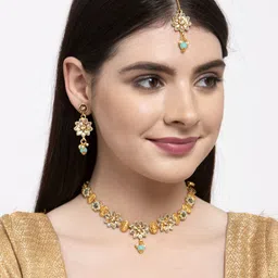 ANIKAS CREATION Sea Green Gold-Plated Kundan Handcrafted Enamelled Jewellery Set image 5