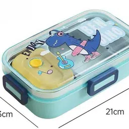 tera13 Kids Stainless Steel Dino Lunch Box for School 700ML 4 Side Clip Lock 2 Containers Lunch Box image 2