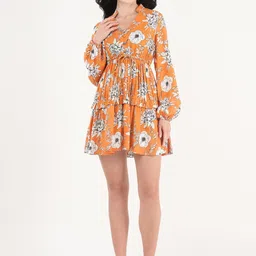 By The Bay Floral Printed Mandarin Collar Puff Sleeves Gathered Tiered Fit & Flare Dress image 5