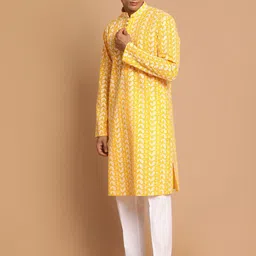 VASTRAMAY Men Orange Ethnic Motifs Printed Angrakha Chikankari Pure Cotton Kurta with Pyjamas image 4