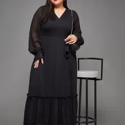 Miss Chase A+ Plus Size Miss Chase Self Design Long Bishop Sleeves Wrap Ruffled Maxi Dress image 5