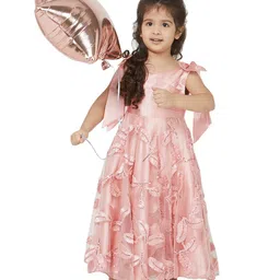 TIC TAC TOE Girls Peach-Coloured Floral Feather Maxi Dress image 4