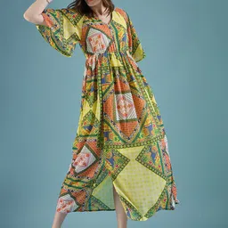 DressBerry Yellow Abstract Printed Round Neck Georgette Maxi Dress image 5