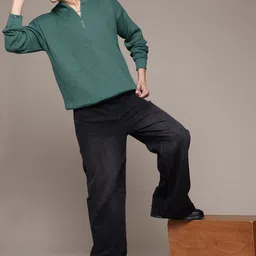 roadster Men Self Design High Neck Green Sweater image 4