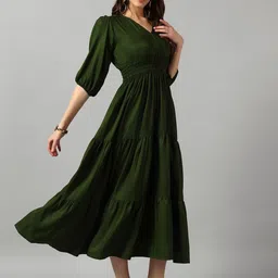 Raiyani Fashion V-Neck Gathered Or Pleated Casual A-Line Midi Dress-picture-34