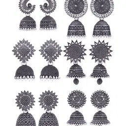 MEENAZ Set Of 6 Silver Plated Oxidised Dome Shaped Jhumkas-image-97
