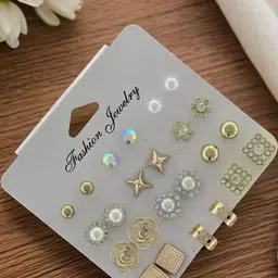 Balasundri 12 Pairs Women Pearls Flower Crystal Mix Design Studs Earrings-picture-33