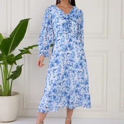 MAGRE Puff Sleeve Georgette Fit and Flare Dress-image-30