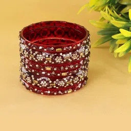 LAVAZZA Set Of 6 Zircon Diamond & Beads Work Glass Bangles image 3