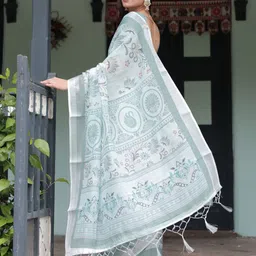 ALMAARI FASHION Floral Printed Pure Linen Banarasi Saree image 4