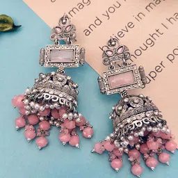 Sangria Silver Plated Stone Studded & Beaded Drop Earrings image 3