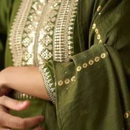 all about you Women Ethnic Motifs Embroidered Regular Sequinned Chanderi Cotton Kurta with Trousers & With image 4