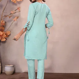 NANDKASHI Women Floral Embroidered Regular Beads and Stones Kurta with Palazzos image 4